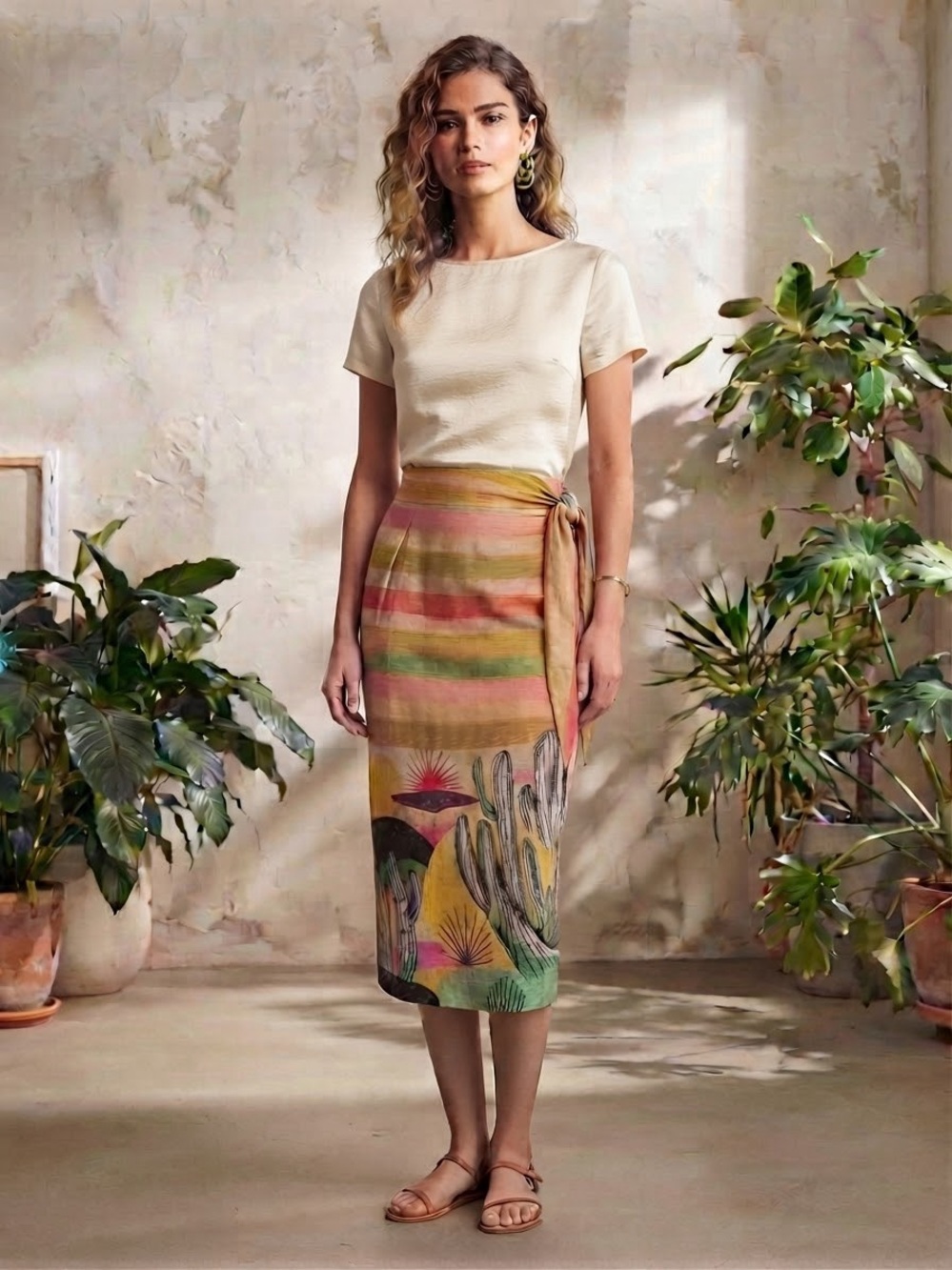 Wrap Midi Skirt in Desert Sunset Print - Multi